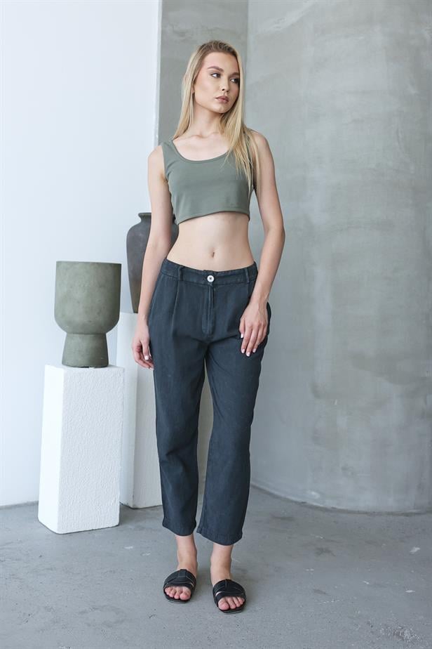 Women's Washed Buttoned Trousers - Anthracite - STREETMODE™