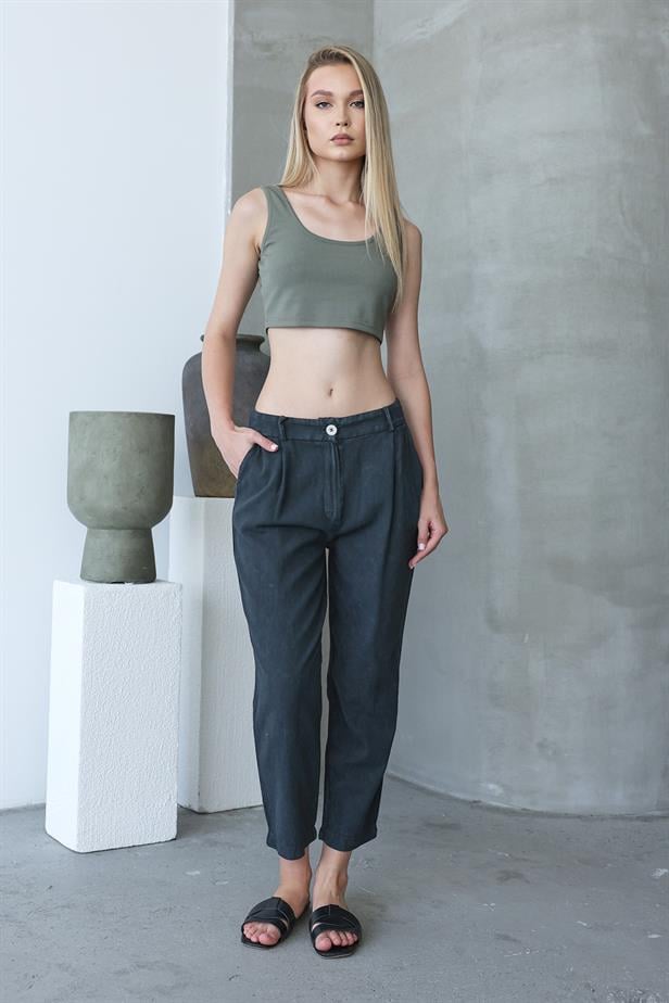 Women's Washed Buttoned Trousers - Anthracite - STREETMODE™