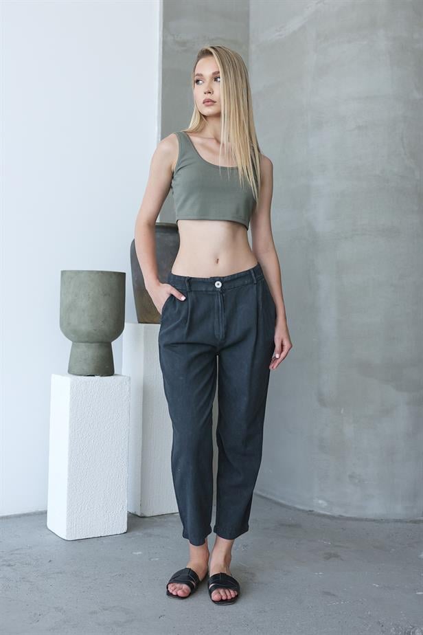 Women's Washed Buttoned Trousers - Anthracite - STREETMODE™