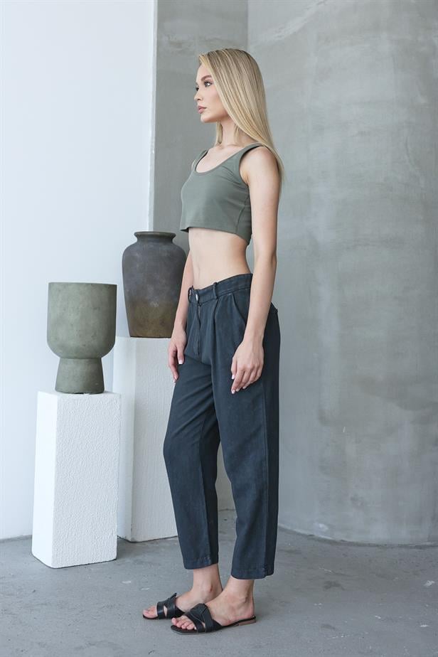 Women's Washed Buttoned Trousers - Anthracite - STREETMODE™