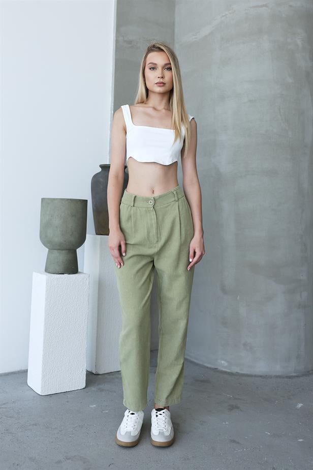 Women's Washed Buttoned Trousers - Khaki - STREETMODE™