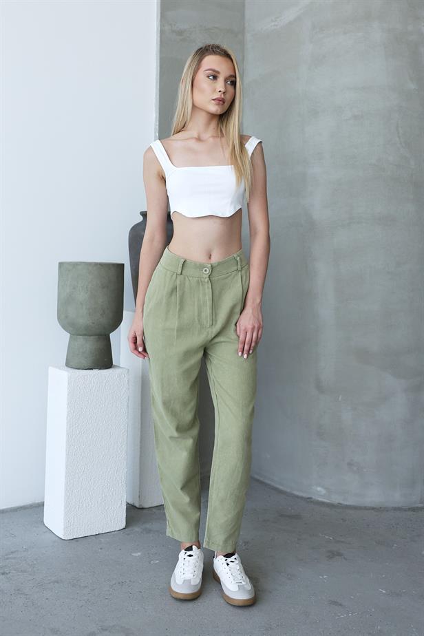 Women's Washed Buttoned Trousers - Khaki - STREETMODE™