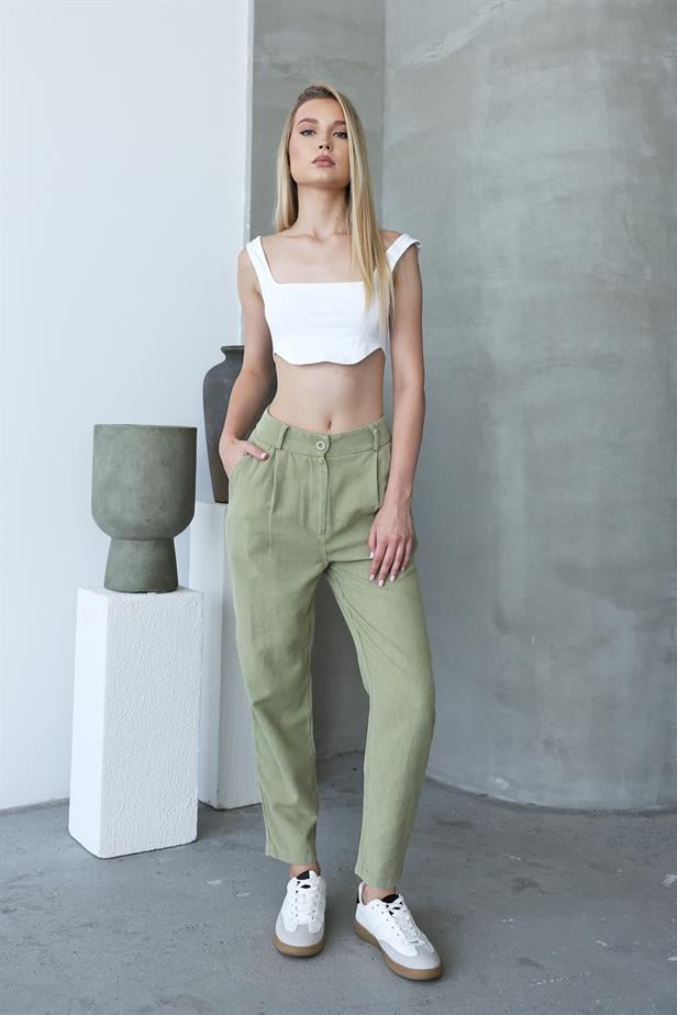 Women's Washed Buttoned Trousers - Khaki - STREETMODE™