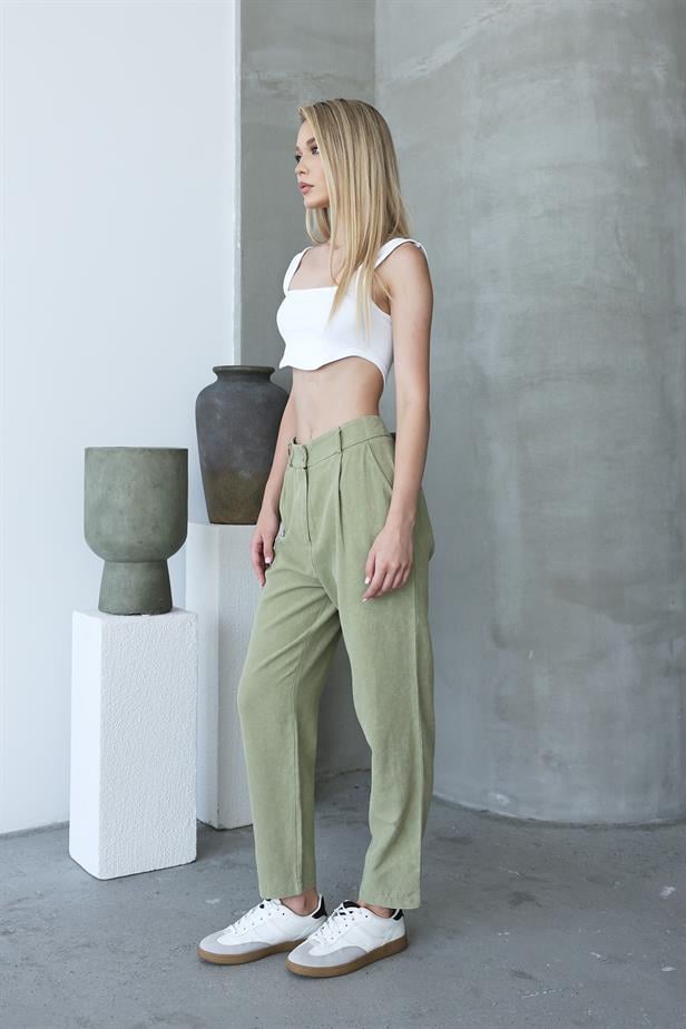 Women's Washed Buttoned Trousers - Khaki - STREETMODE™