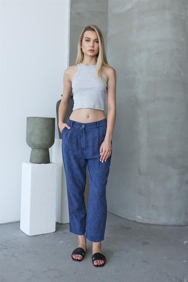 Women's Washed Buttoned Trousers - Navy Blue - STREETMODE™