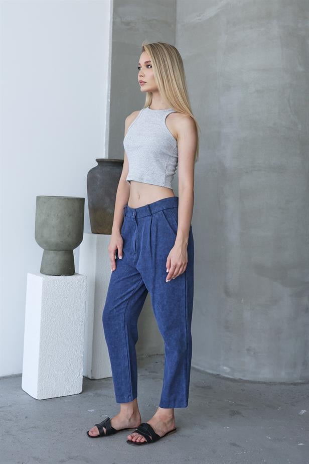 Women's Washed Buttoned Trousers - Navy Blue - STREETMODE™