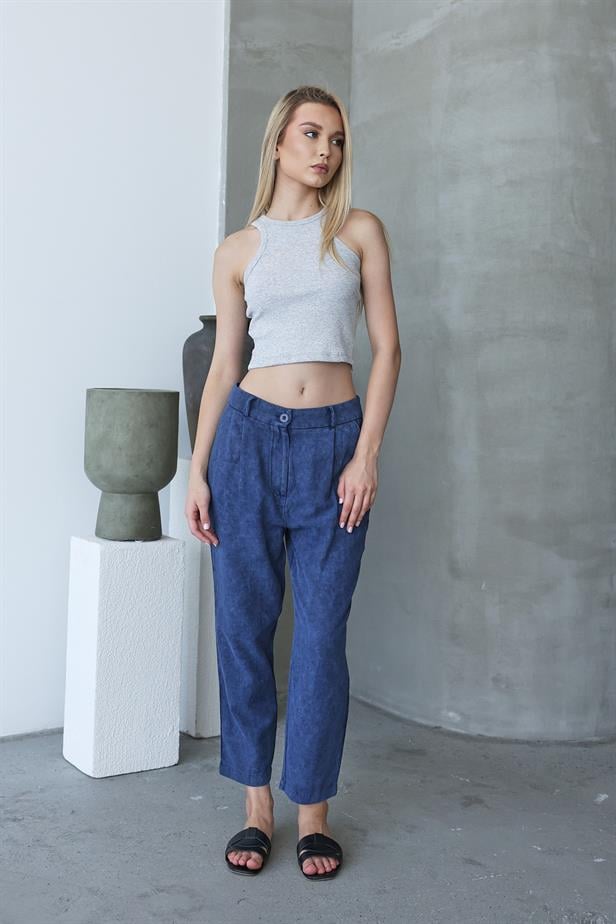 Women's Washed Buttoned Trousers - Navy Blue - STREETMODE™