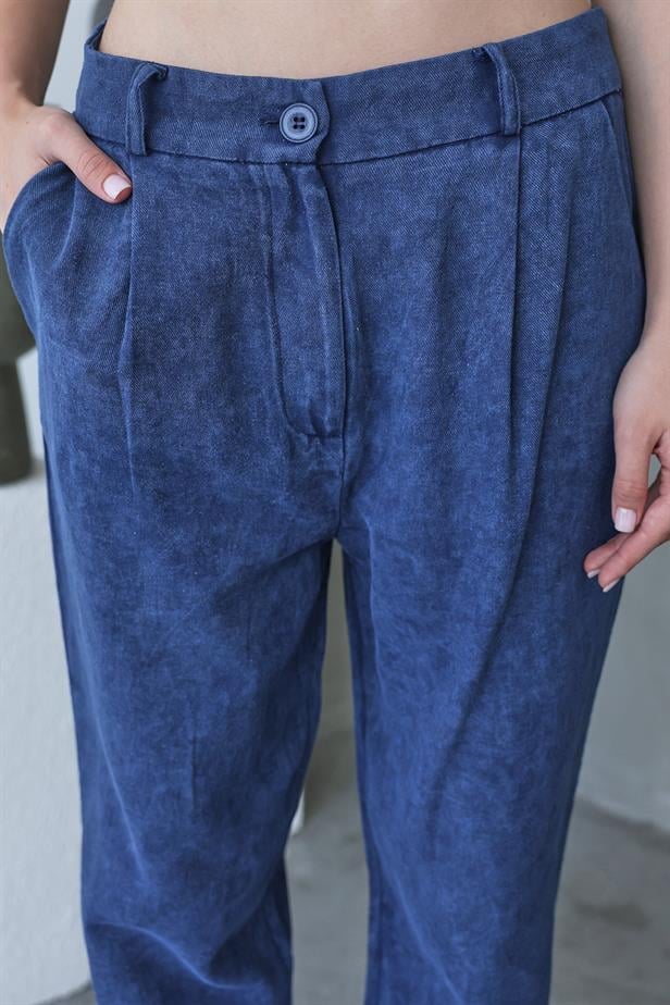 Women's Washed Buttoned Trousers - Navy Blue - STREETMODE™