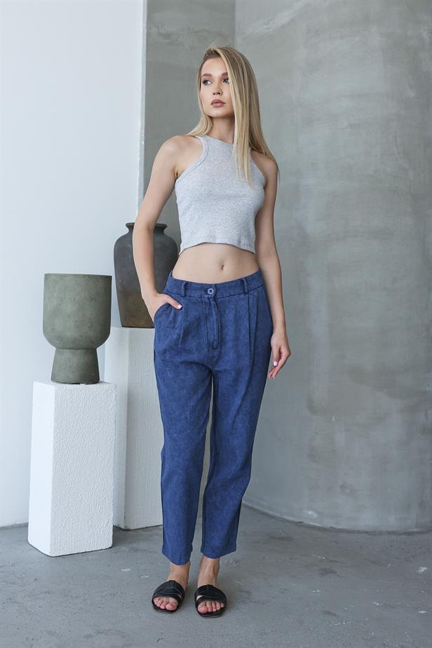 Women's Washed Buttoned Trousers - Navy Blue - STREETMODE™