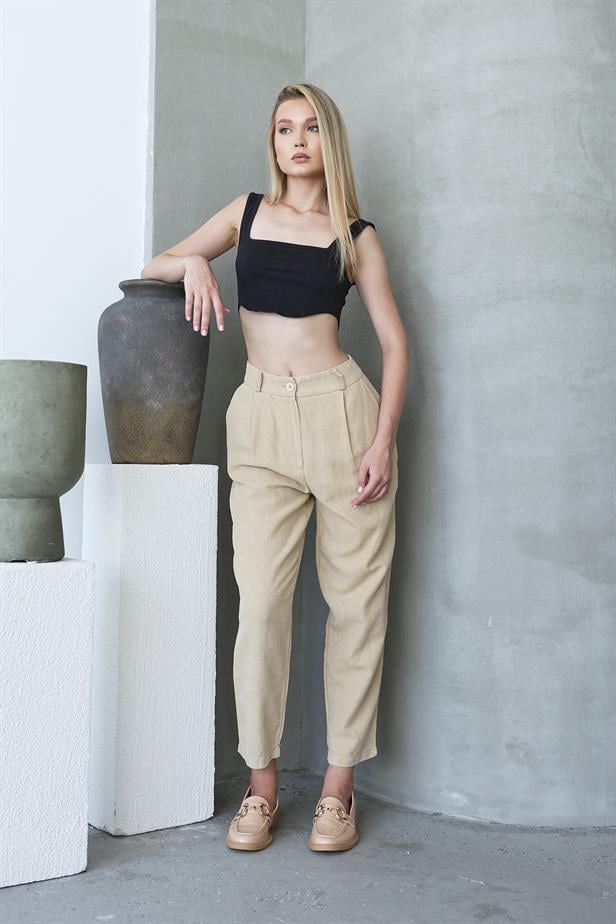 Women's Washed Buttoned Trousers - Stone - STREETMODE™