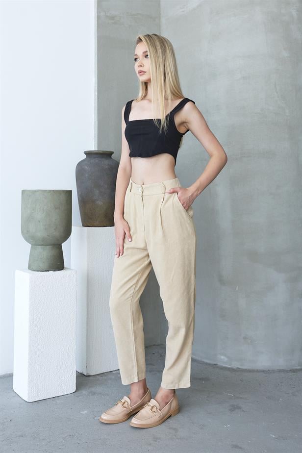 Women's Washed Buttoned Trousers - Stone - STREETMODE™