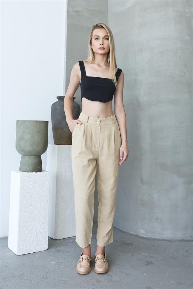 Women's Washed Buttoned Trousers - Stone - STREETMODE™