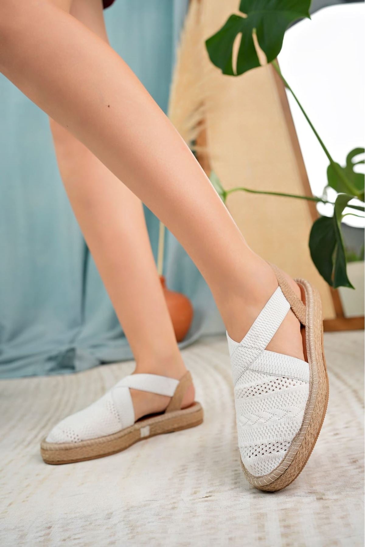 Women's White Closed Toe Elastic Knitwear Sandals - STREETMODE™