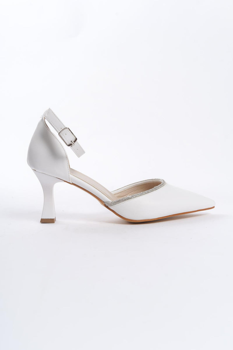 Women's White Kenm Siciri Toe Thin Heel Stone Detailed Daily Evening Shoes - STREETMODE™