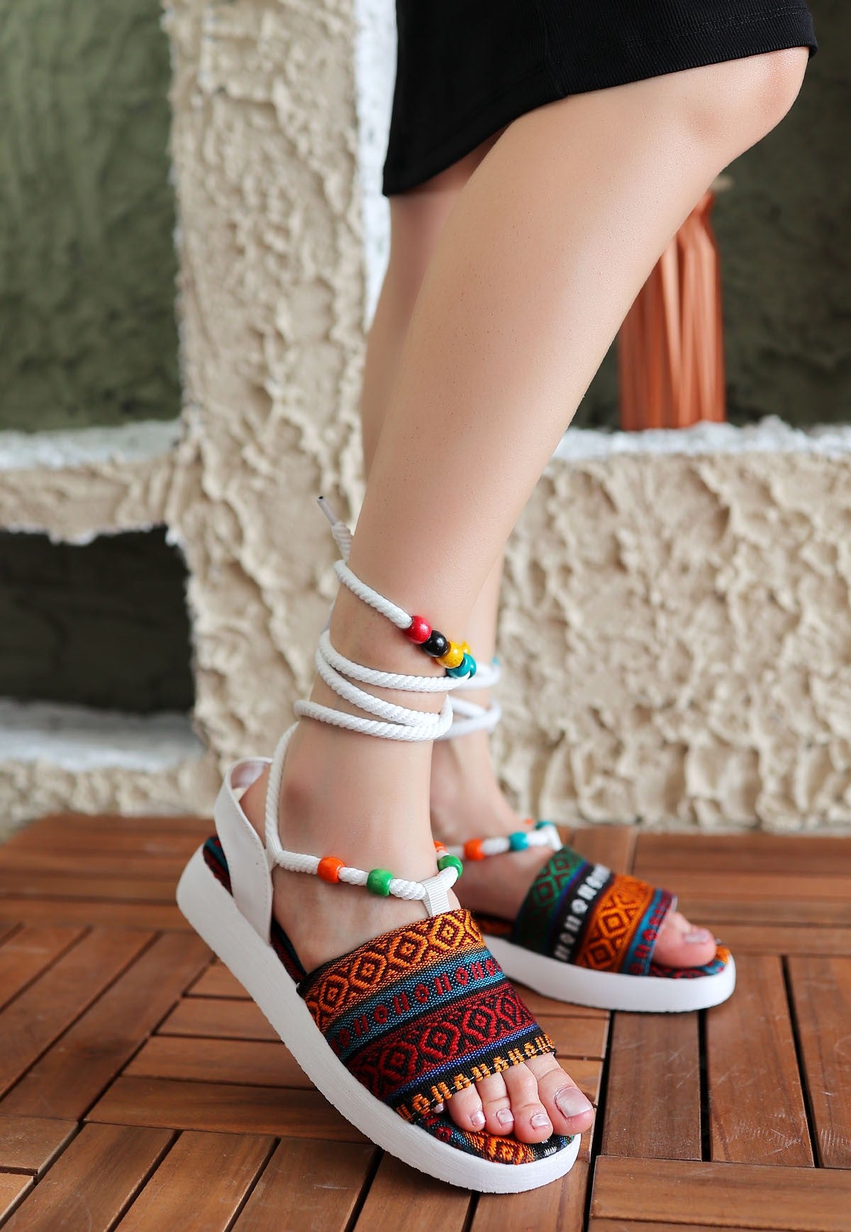 Women's White Kilim Patterned Ankle Sandals - STREETMODE™