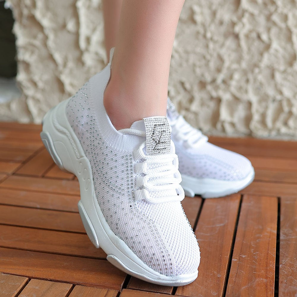 Women's White Knitwear Lace-Up Sports Shoes - STREETMODE™