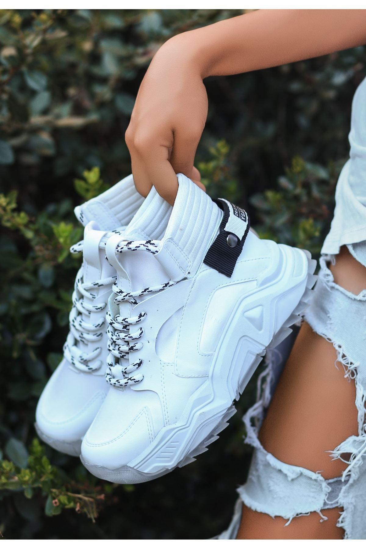 Women's White Laced Leather Sports Boots - STREETMODE™