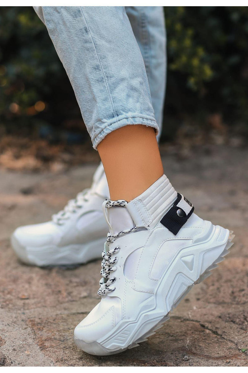 Women's White Laced Leather Sports Boots - STREETMODE™