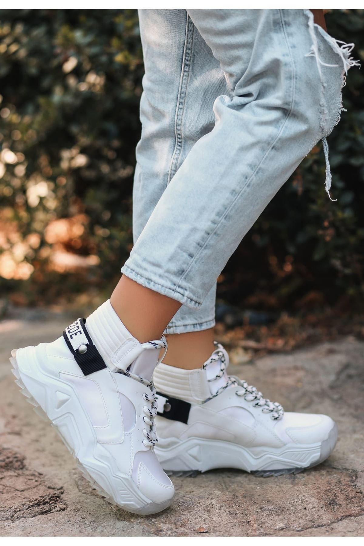 Women's White Laced Leather Sports Boots - STREETMODE™