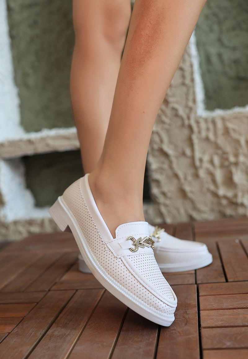 Women's White Leather Ballerina Shoes - STREETMODE™