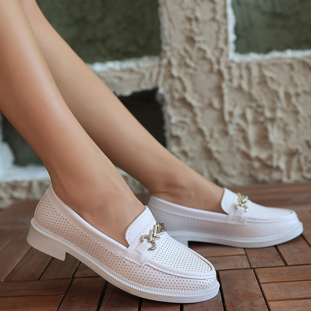 Women's White Leather Ballerina Shoes - STREETMODE™