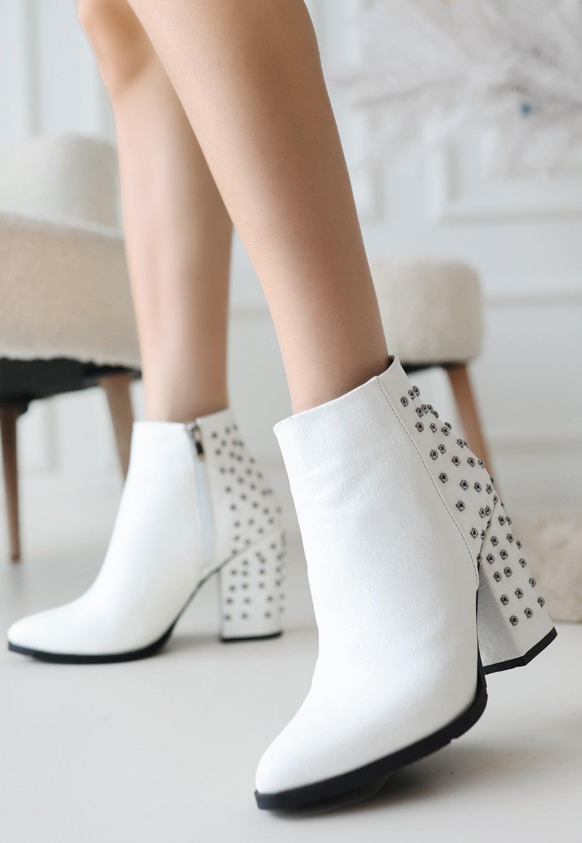 Women's White Leather High Heel Boots - STREETMODE™