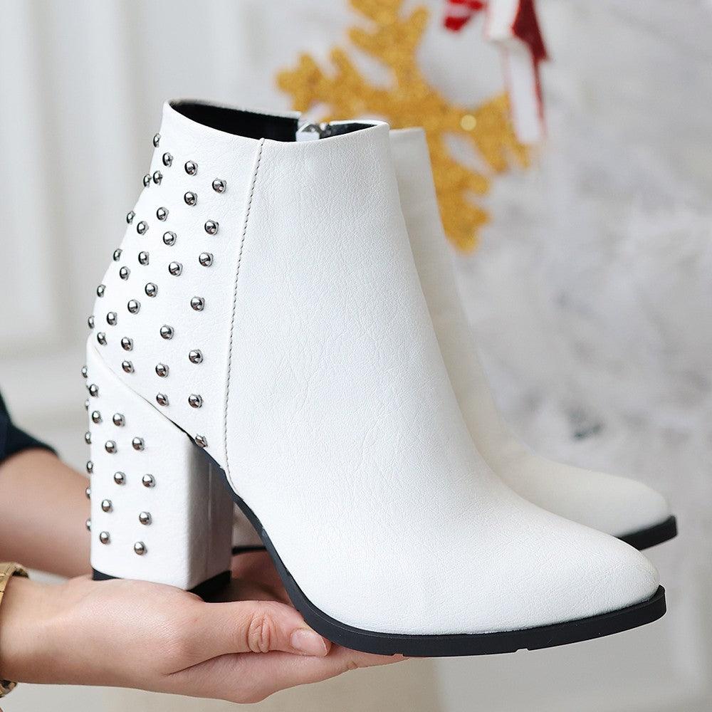 Women's White Leather High Heel Boots - STREETMODE™