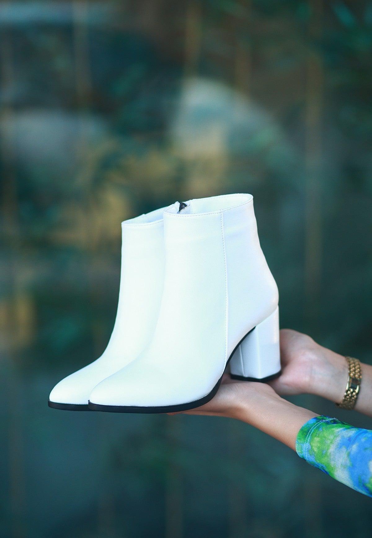 Women's White Leather High Heel Boots - STREETMODE™