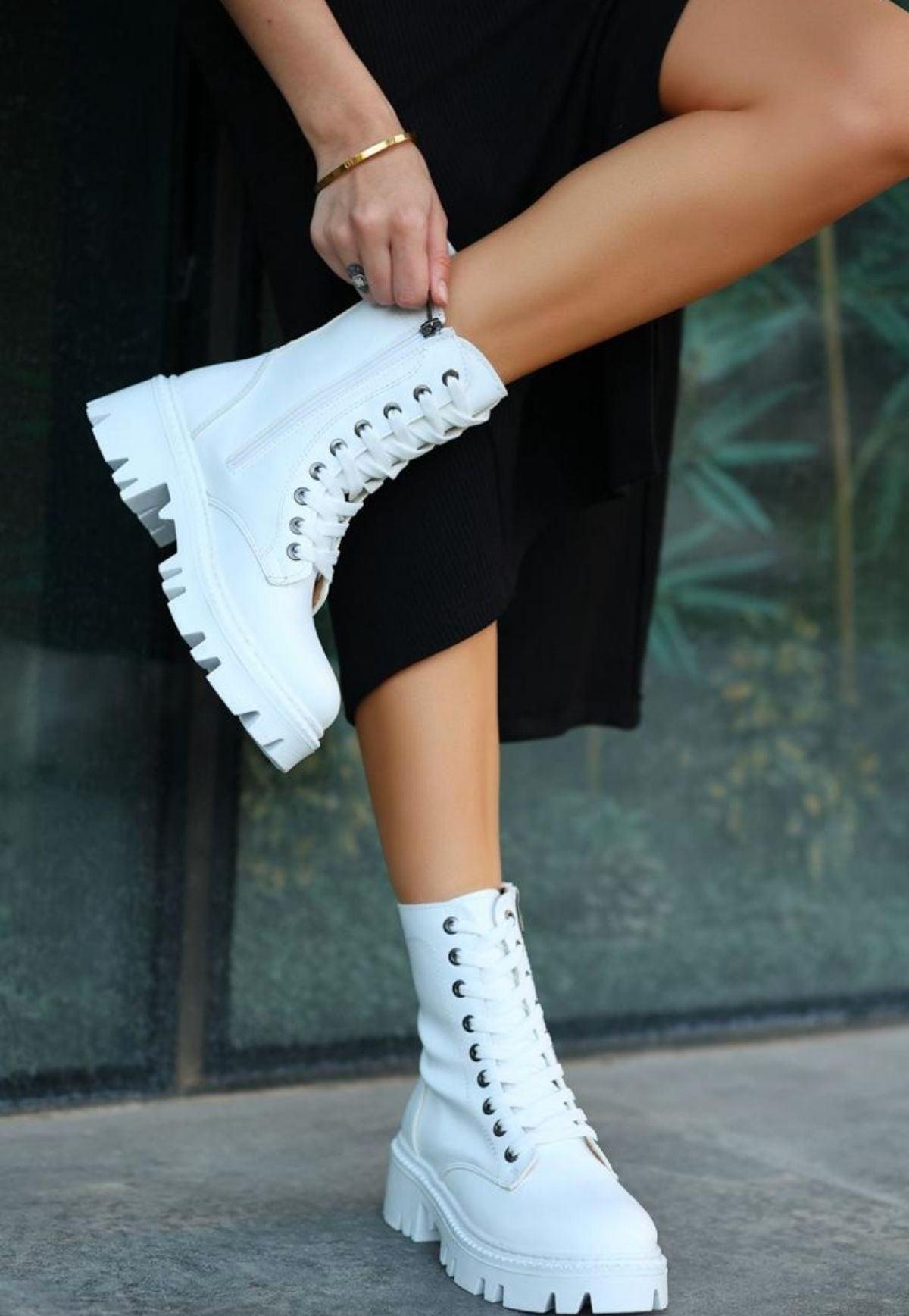 Women's White Leather Lace Up Boots - STREETMODE™