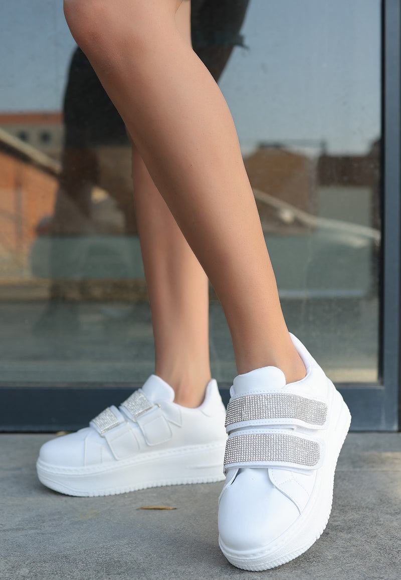 Women's White Leather Velcro Sports Shoes - STREETMODE™