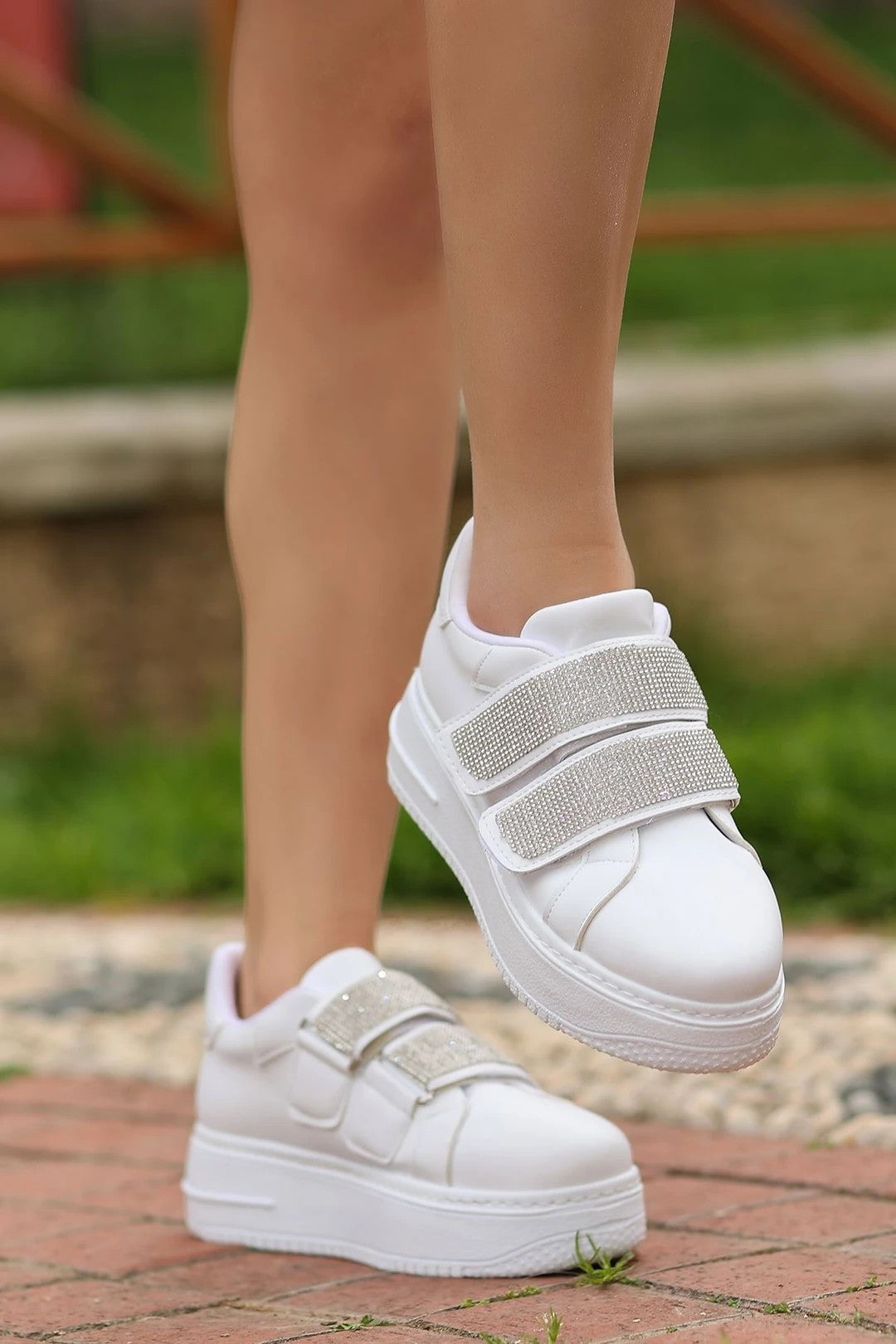 Women's White Leather Velcro Sports Shoes - STREETMODE™