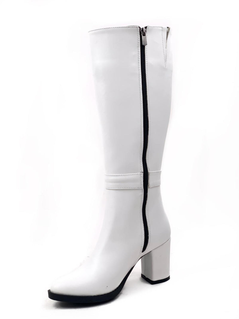 Women's White Parg Below Knee Buckled Leather Look Boots - STREETMODE™
