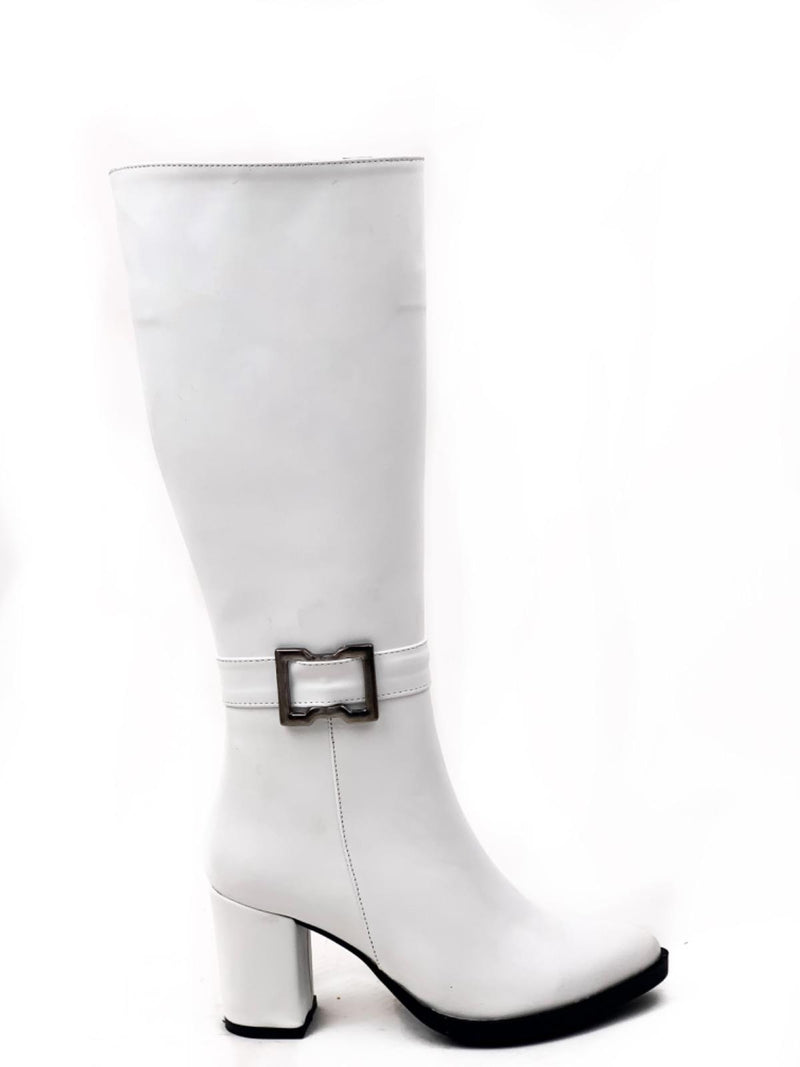 Women's White Parg Below Knee Buckled Leather Look Boots - STREETMODE™