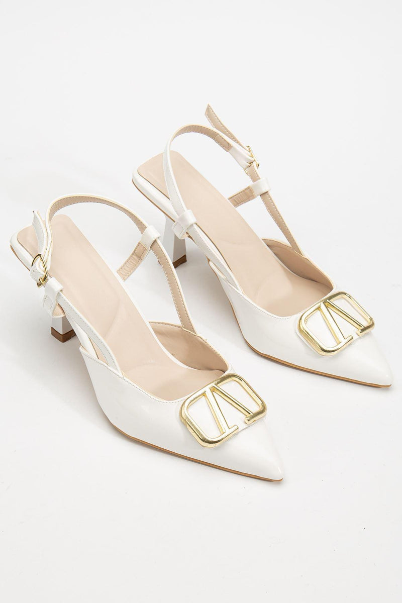 Women's White Patent Leather Buckle Detailed Thin Heeled Shoes - STREETMODE™