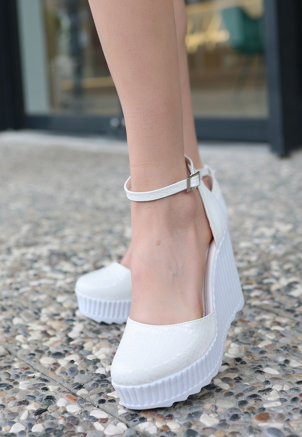 Women's White Patent Leather Wedge Heel Shoes - STREETMODE™