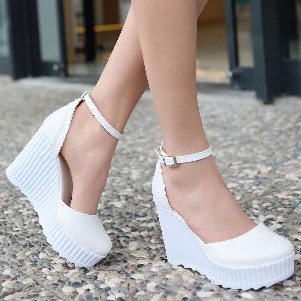 Women's White Patent Leather Wedge Heel Shoes - STREETMODE™