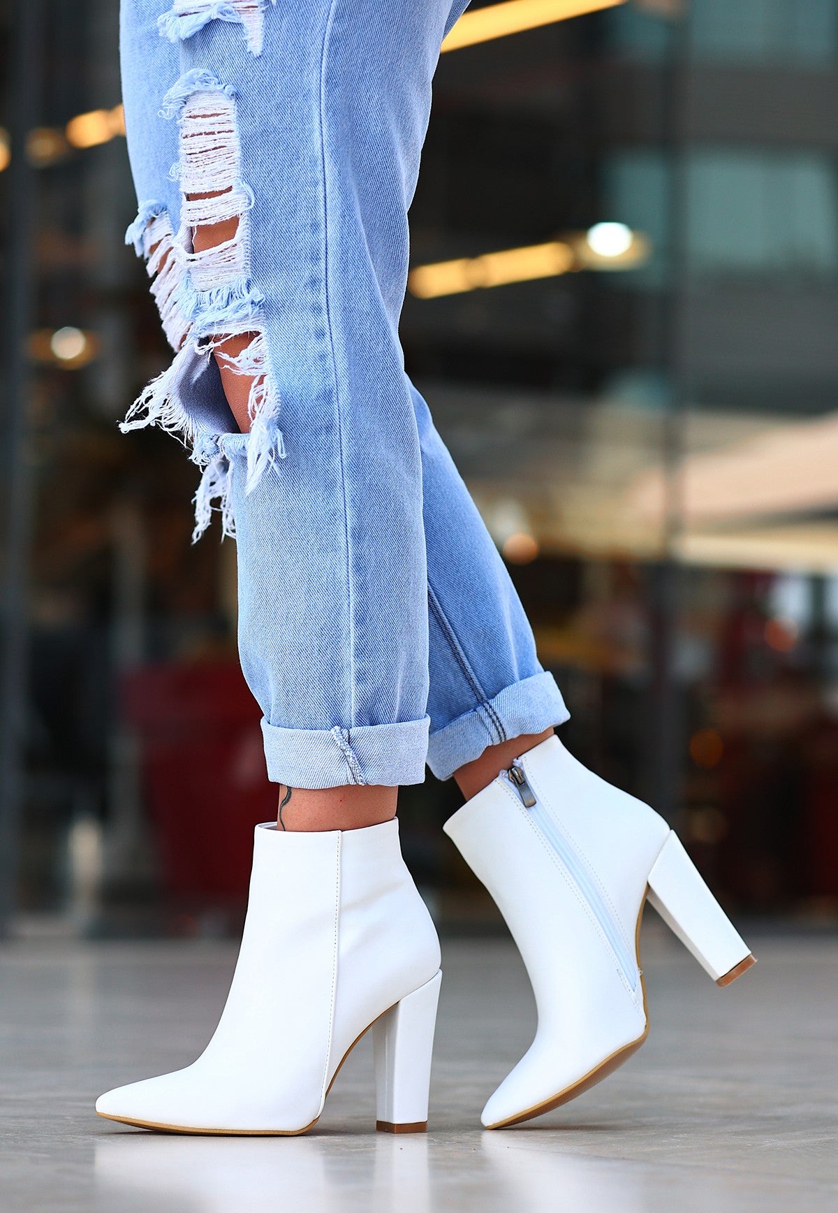 Women's White Skin Heeled Boots - STREETMODE™