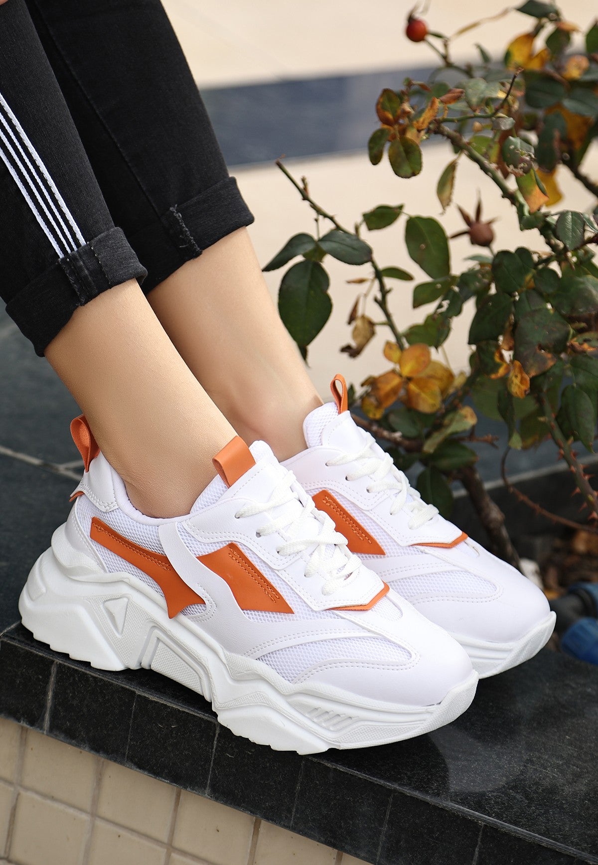 Women's White Skin Orange Detailed Lace Up Sneakers - STREETMODE™