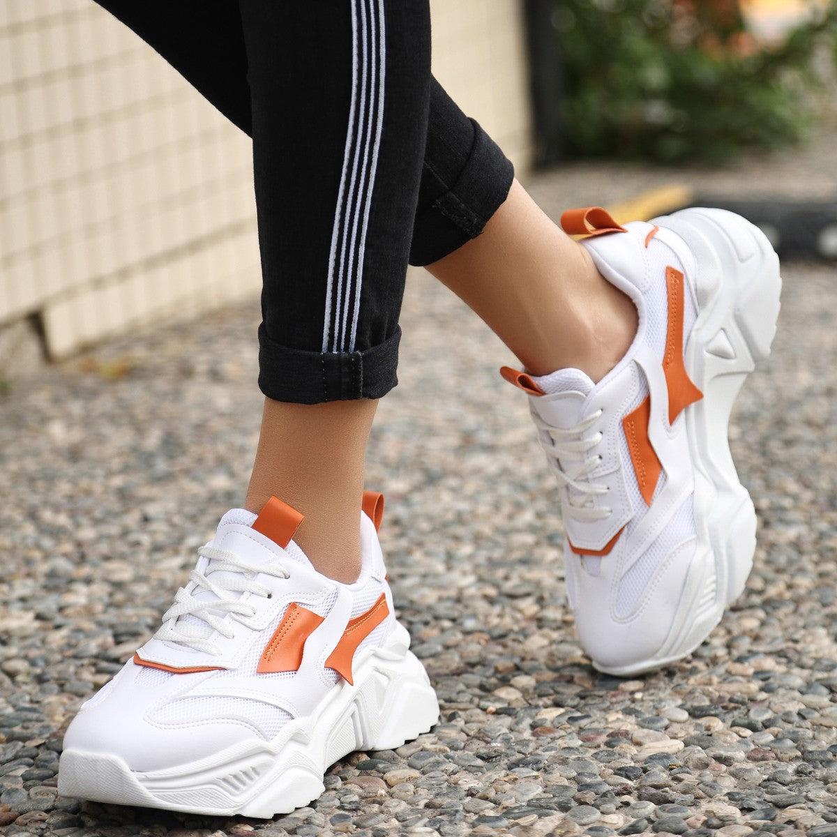 Women's White Skin Orange Detailed Lace Up Sneakers - STREETMODE™
