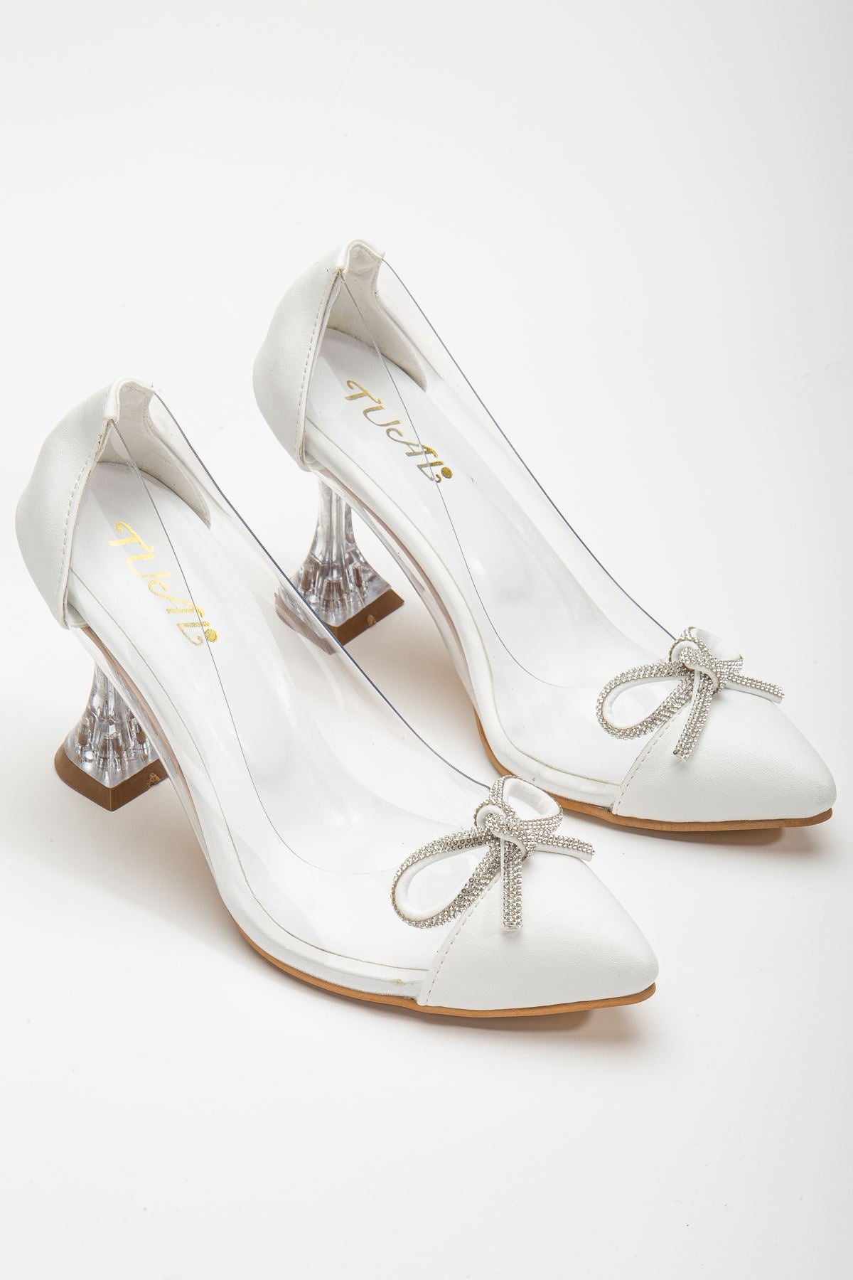 Women's White Stiletto Stone Skin Transparent Heeled Shoes - STREETMODE™
