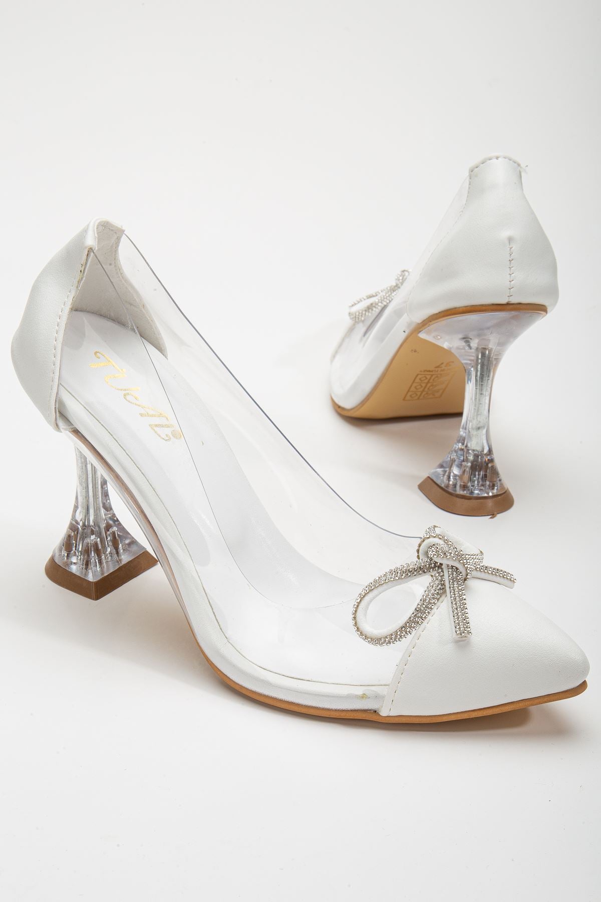 Women's White Stiletto Stone Skin Transparent Heeled Shoes - STREETMODE™