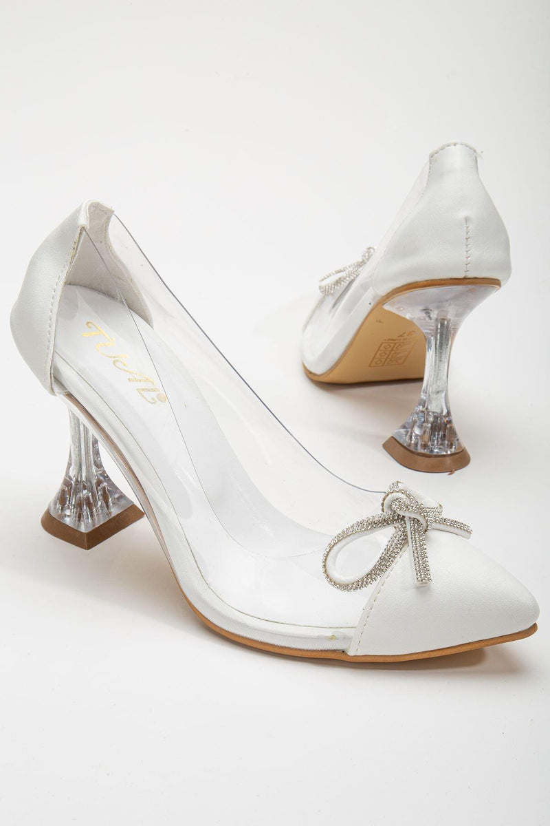 Women's White Stiletto Stone Skin Transparent Heeled Shoes - STREETMODE™