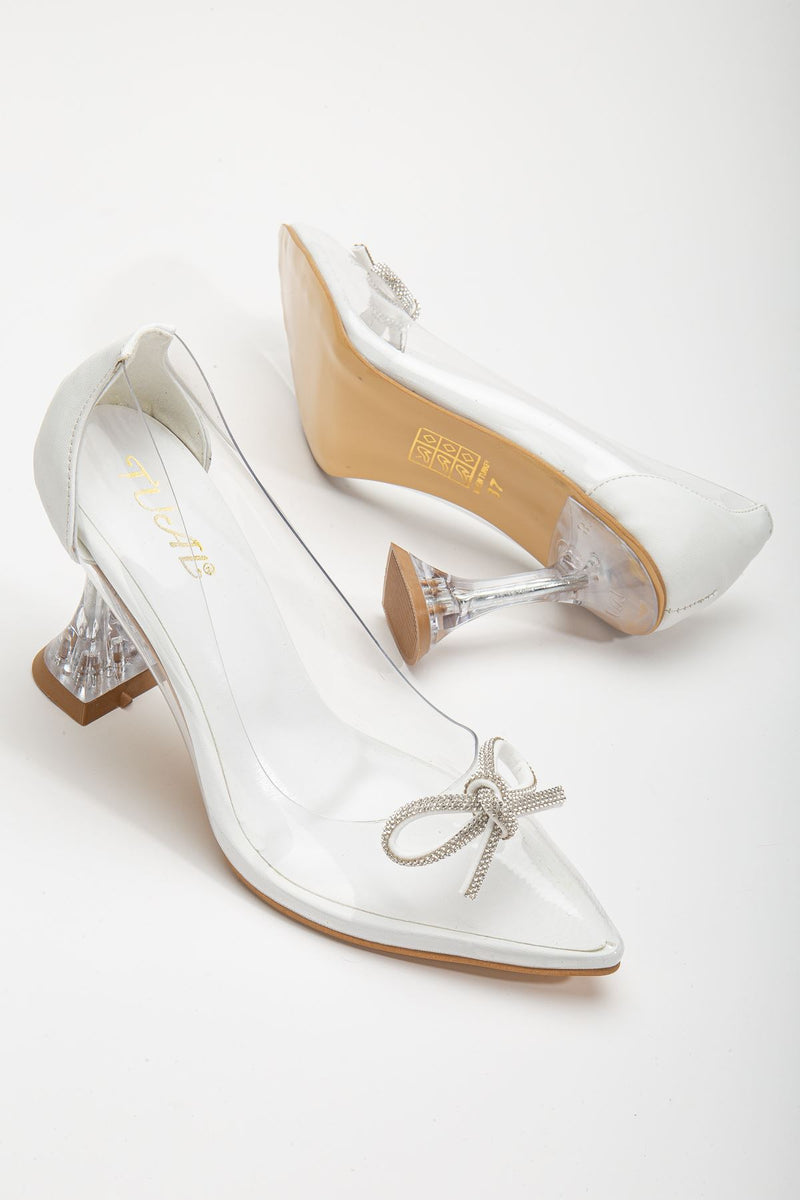 Women's White Stiletto Stone Transparent Heeled Shoes - STREETMODE™
