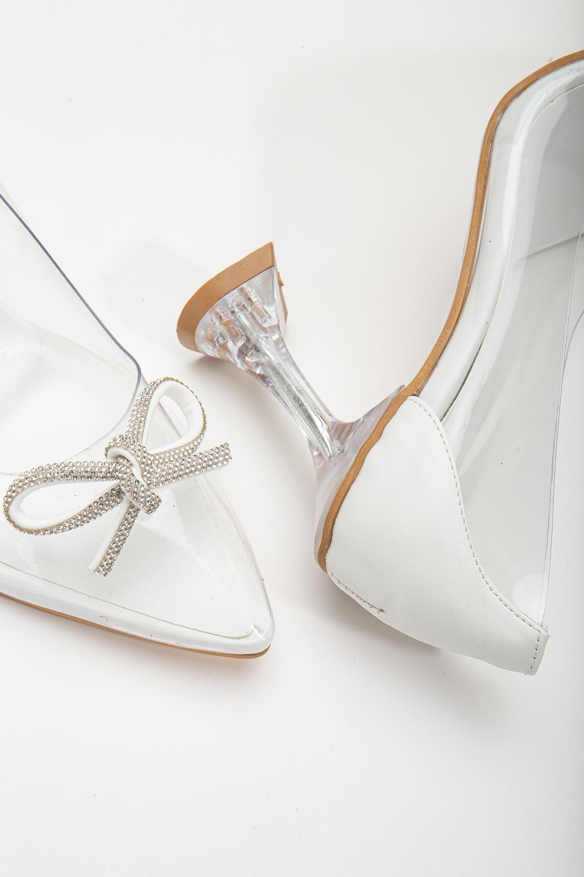 Women's White Stiletto Stone Transparent Heeled Shoes - STREETMODE™