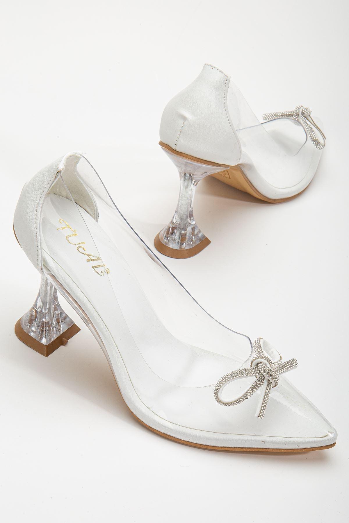 Women's White Stiletto Stone Transparent Heeled Shoes - STREETMODE™