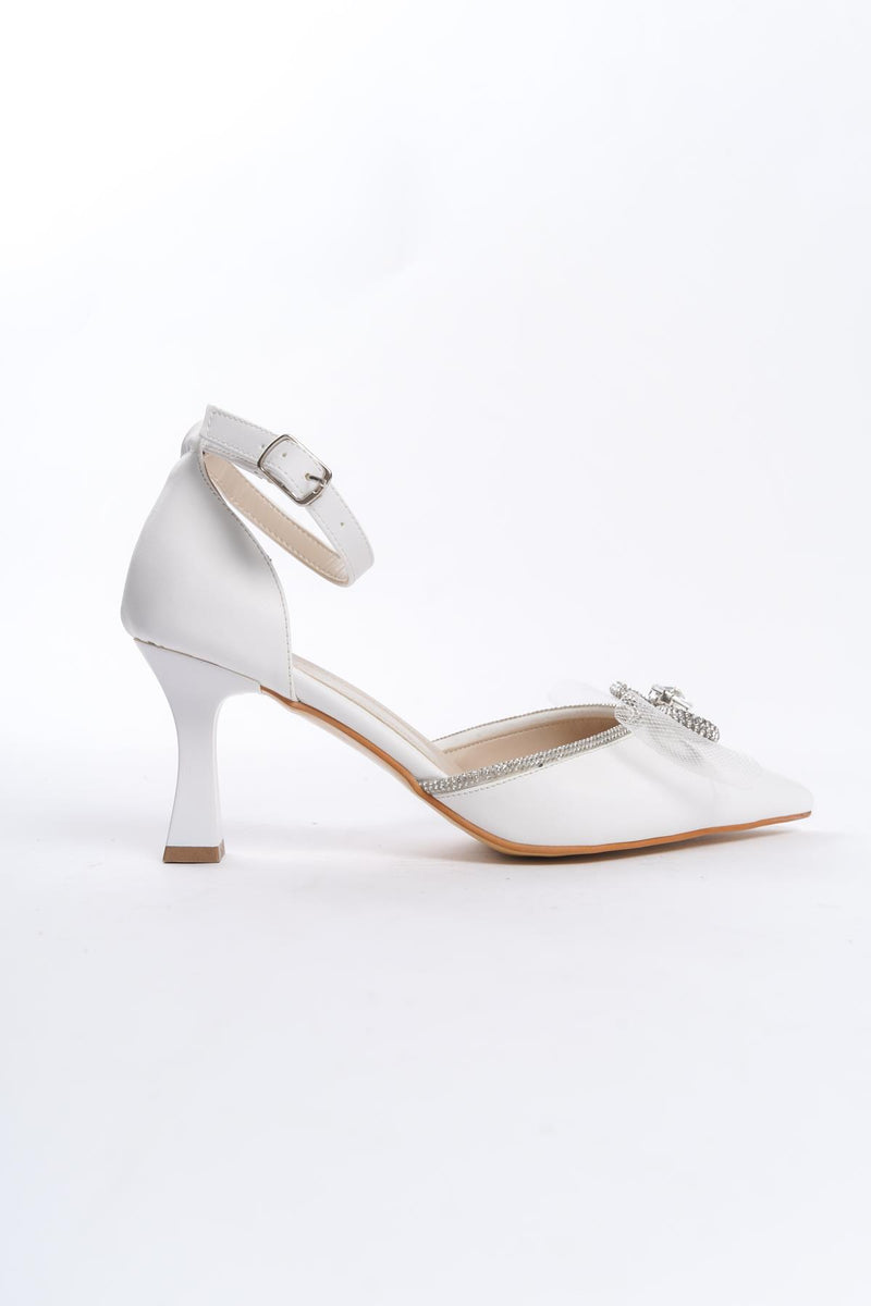 Women's White Thin Heel Bow Evening Dress Pointed Toe Shoes - STREETMODE™
