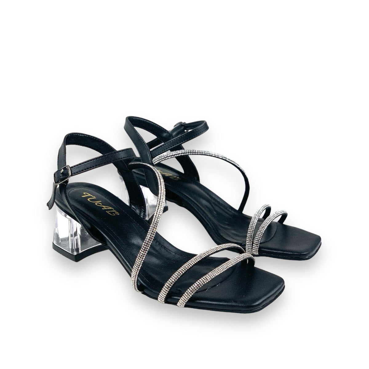 Women's Yens Black Skin Low Transparent Heel Stone Sandals 5 Cm - STREETMODE™