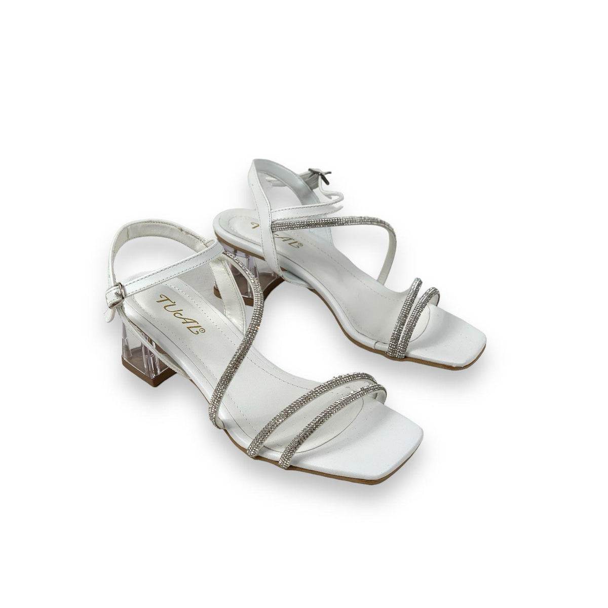 Women's Yens White Skin Low Transparent Heel Stone Sandals 5 Cm - STREETMODE™