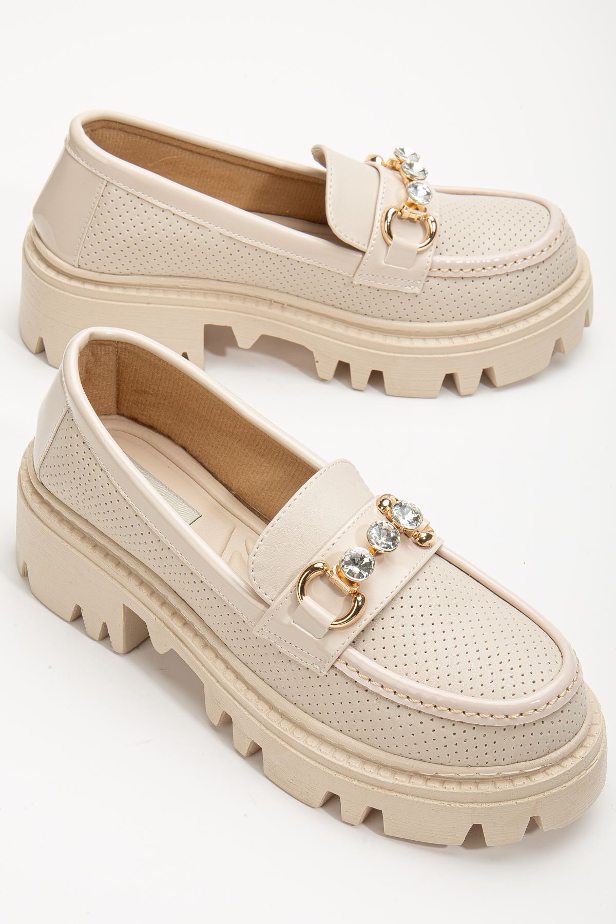 Women's Yesenia Cream Diamond Detailed Buckle Oxford Shoes - STREETMODE™