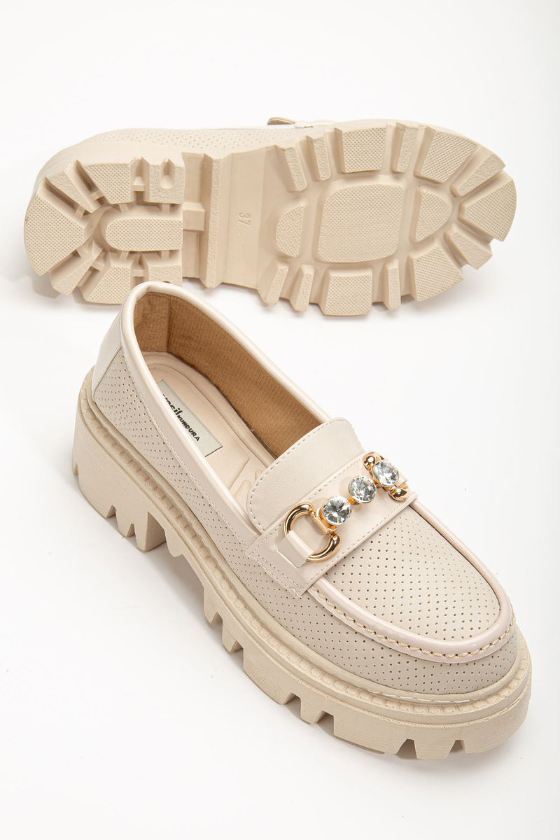 Women's Yesenia Cream Diamond Detailed Buckle Oxford Shoes - STREETMODE™